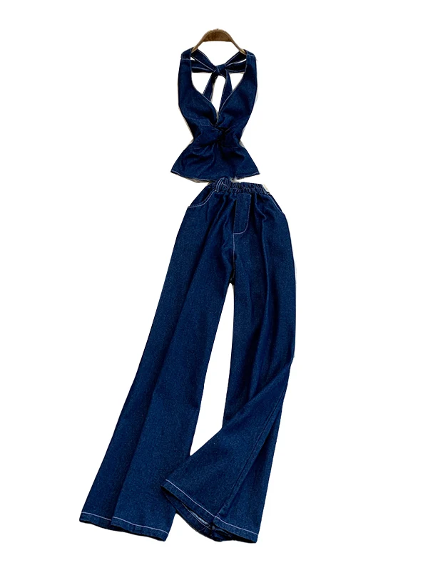Conjunto de Top de Denim com Decote em V e Cintura Amarrada e Calças Flare de Cintura Alta para Mulheres, Moda de Verão em Du...