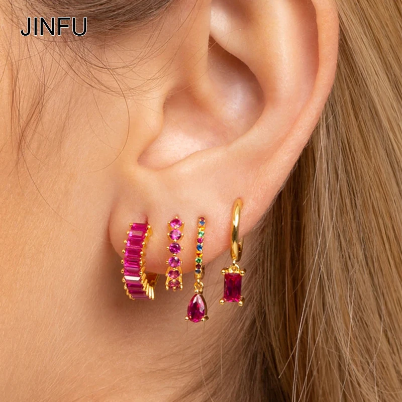 JINFU Gold Plated Hoop Drop Earrings For Women Classic Red CZ Zircon Women's Dangle Earrings 2022 Wedding Jewelry Wholesale