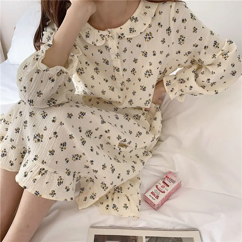 Floral Women Nightgown Korean Sleepwear Button Nightwear Solid One Piece Pajamas Ruffles Autumn Sleeping O-neck Night Dress New