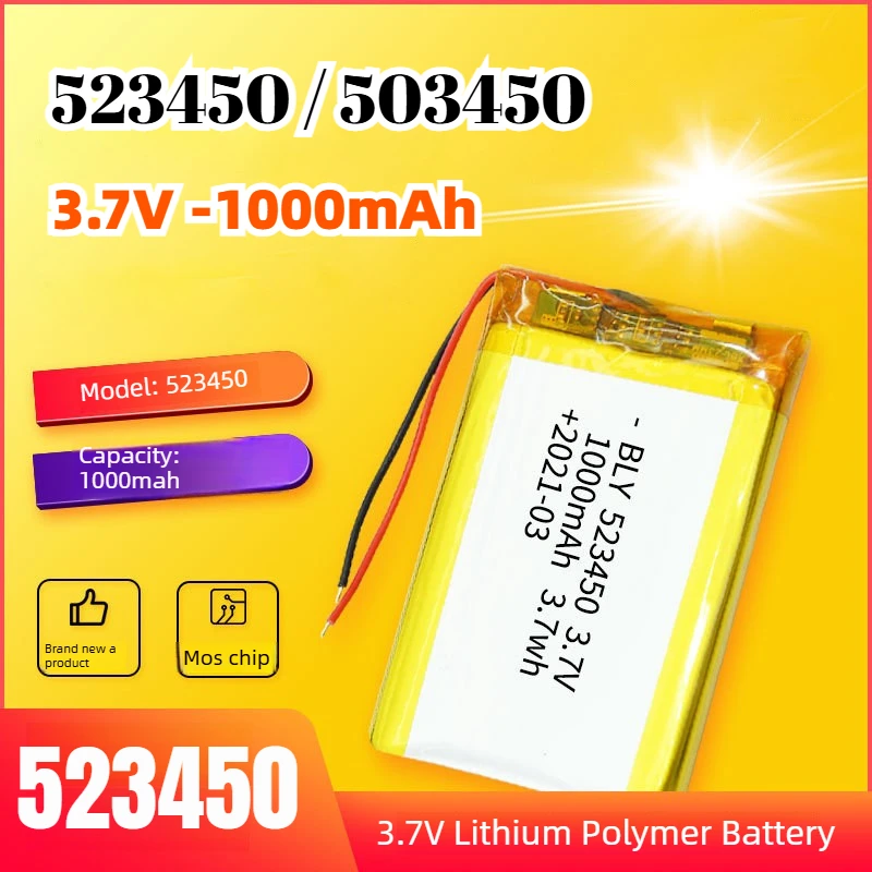 523450 Lithium Polymer Battery 1000mAh 3.7V Li-Polymer Cells for GPS Headset PS3 Controllers DVD MP5 Smart Watch Speaker Camera