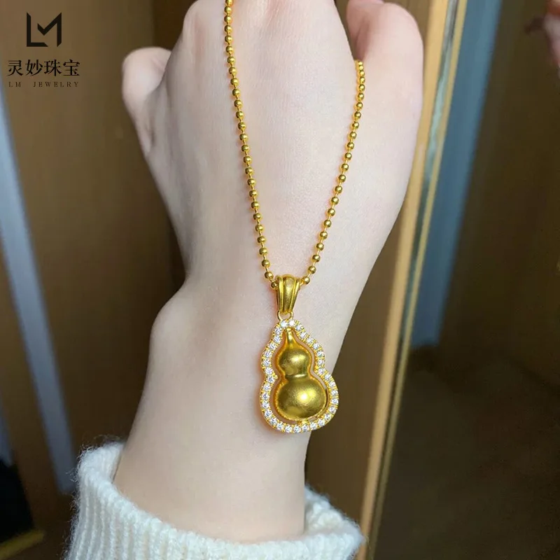 Jindian Same Style Ancient Style Alluvial Gold999Spot Drill Calabash Pendent Necklace Rotatable Fu Lu Set Chain Gifts for Girlfr