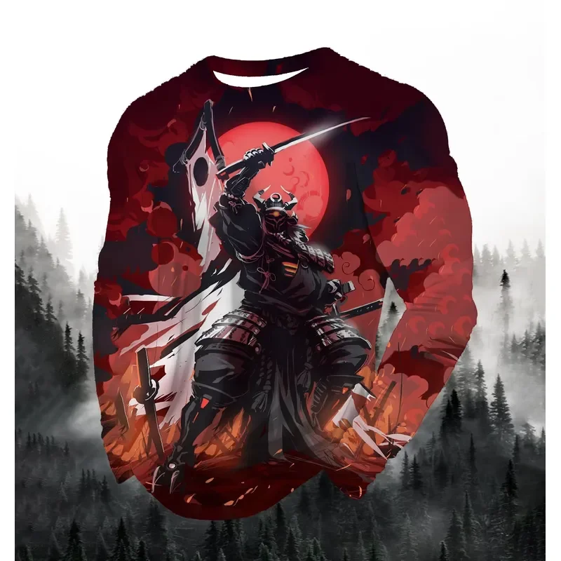 3D Printed Casual Long Sleeve 2026 Men Fashion Round Neck Autumn Sports Leisure Pullover Japanese Samurai Print Loose Tops