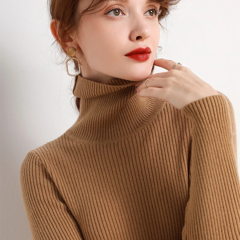 2025 moda nuevo cuello alto Color sólido Otoño Invierno pulóver prendas de punto cálido manga larga suéter de mujer elegante Tops de punto