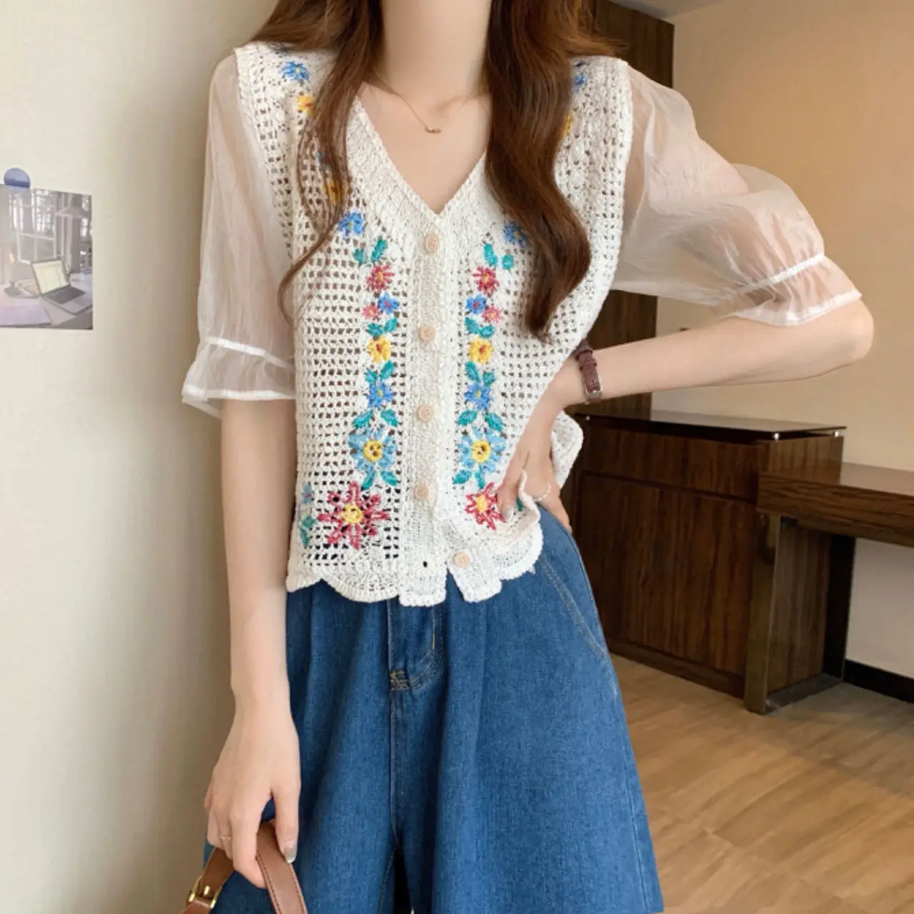 Korean Fashion Crochet Knit Top with Chiffon Sleeve V-neck Women Blouse Cardigan Floral Embroidery Ins Trend Vintage Top