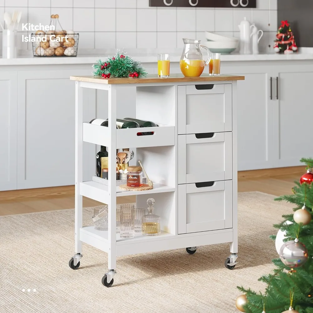 Small Solid Wood Top Kitchen Island Cart on Wheels with Storage, Rolling Portable Dining Room Serving Utility Carts Mobbile