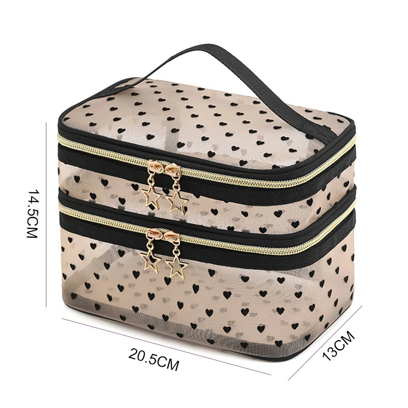 Large Capacity Mesh Cloth Makeup Bag Travel Essentials ​Cosmetics Organizer Women Toiletry Bag Double Layer Design Cosmetic Bag