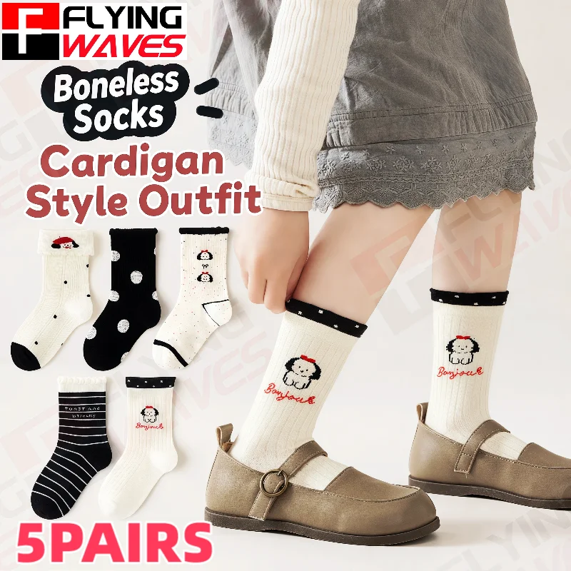 5 Pairs Girls Cotton Socks Cute Puppy Print Seamless Kids Mid Calf Socks 1-12 Years Old Thin Breathable Princess School Socks