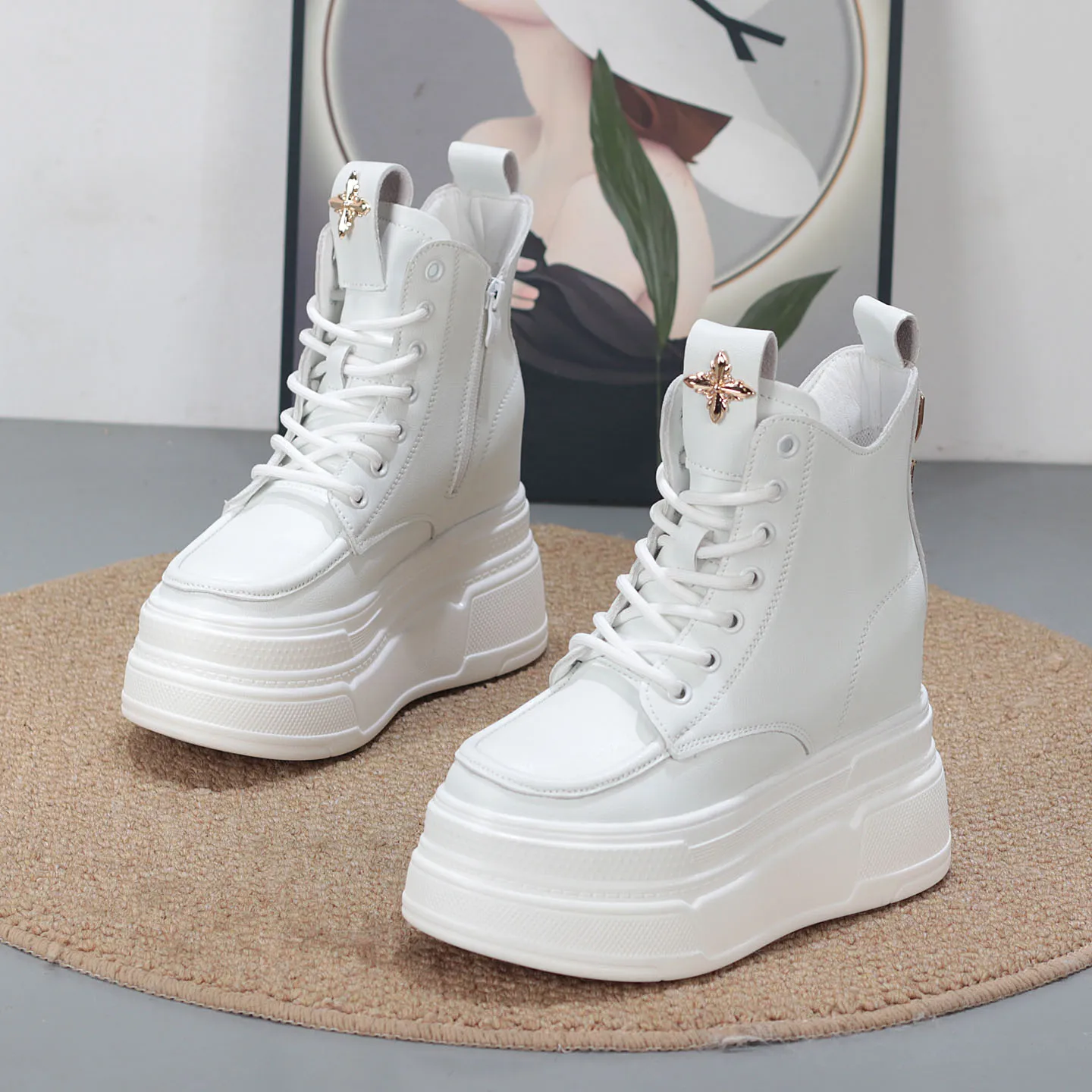 Extra Tall 12CM Inner Heel Shoes 10CM High Cut Boots for Petite Women Thick Bottom Wedge White Sneakers Lightweight
