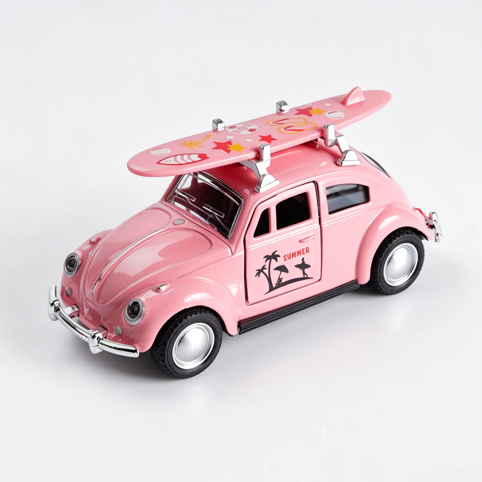 Coche de juguete Volkswagen Beetle rosa a escala 1:36 con tabla de surf, modelo de aleación con función de retroceso y puertas que se abren, juguete retro de verano para la playa para niños