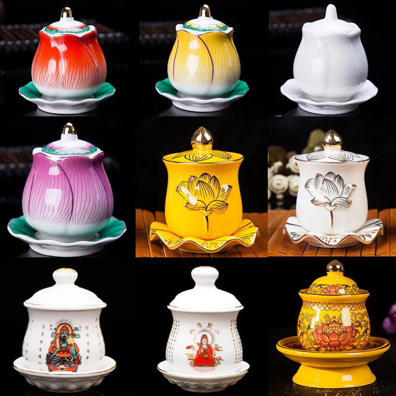 Tasse d'alimentation en eau dieu de la richesse, Guanyin, grande Compassion, Mantra bouddha, céramique avec couvercle et Base, fournitures bouddhistes, eau bénite