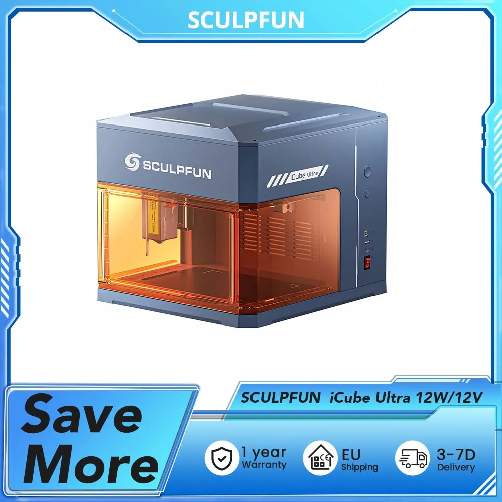 SCULPFUN iCube Ultra incisione laser, luce blu 12 W/12 V, punto laser 0,06 mm, area di incisione 150x150 mm, 455 nm, 10000 mm/min
