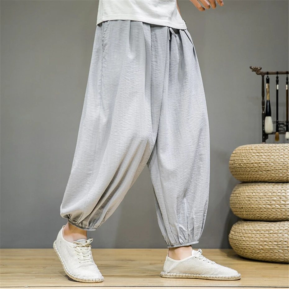 Large Size Harem Pants Mens Summer Ice Silk Casual Trousers Men Harajuku Vintage Baggy Elastic Waist Ankle Length Pants Male