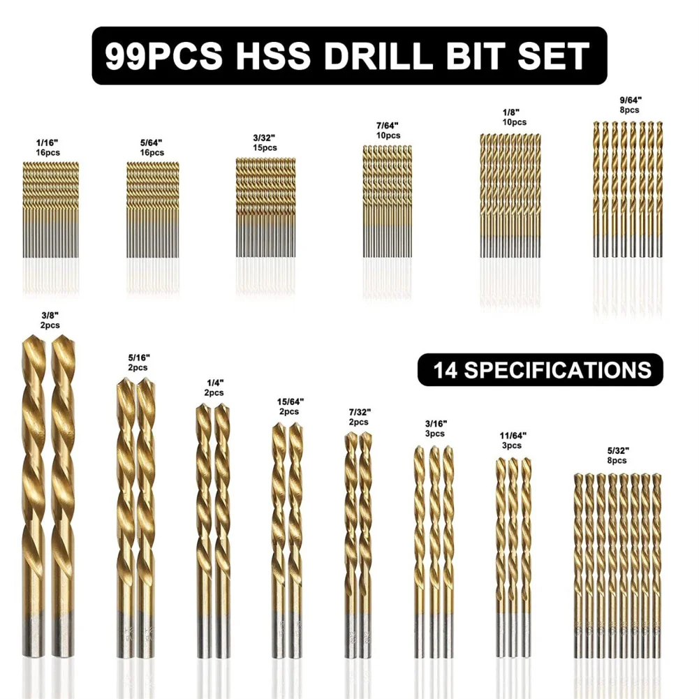 99pcs 1/16"-3/8" Twist Drill Bit Set Anti-rust Wear-resistant High-speed Steel Titanium Coated Drill Bit Dropship