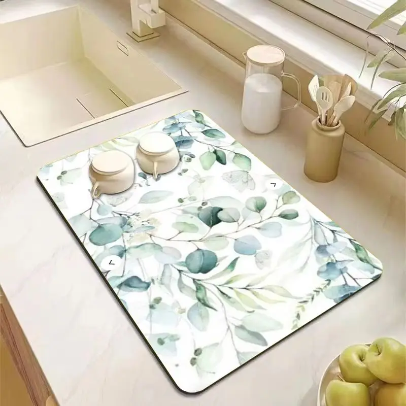 VIKAMA Eucalyptus Leaf Dish Drying Mat Green Watercolor Print Absorbent Non Slip Counter Pad For Kitchen Dining Room Fresh Decor