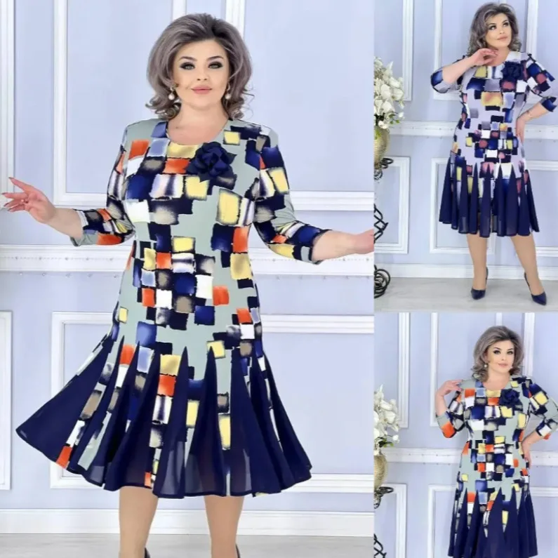 

Spliced Print Women Dress O Neck Dresses Three Quarter Sleeve Knee Length Vestidos Patchwork Loose Fit Casual 2025 Summer