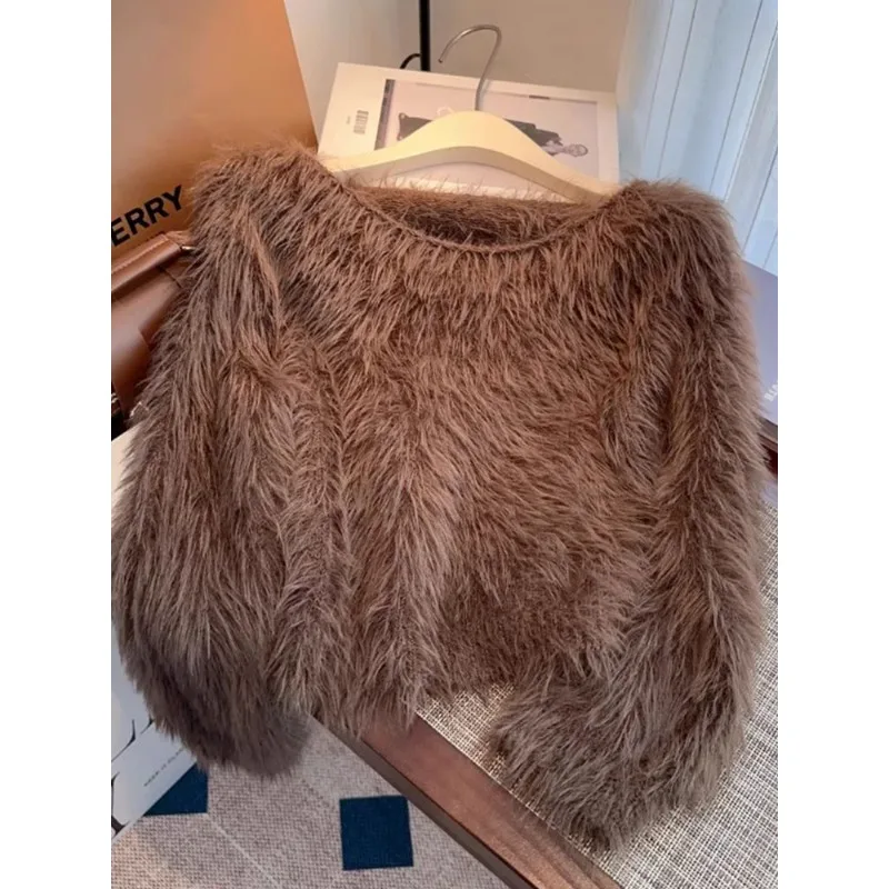 Design Off-shoulder Imitation Mink Fleece Sweater Women's Autumn Winter Soft Waxy Fluffy Knitted Sweater Long-sleeved Short Top