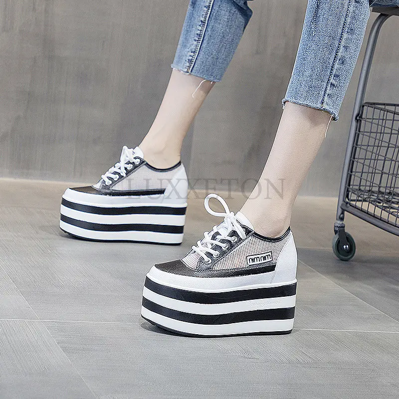 12cm Genuine Leather Women Shoes Platform Wedge Sneakers Chunky Hidden Heel High Women Casual Shoes Spring Summer Loafers