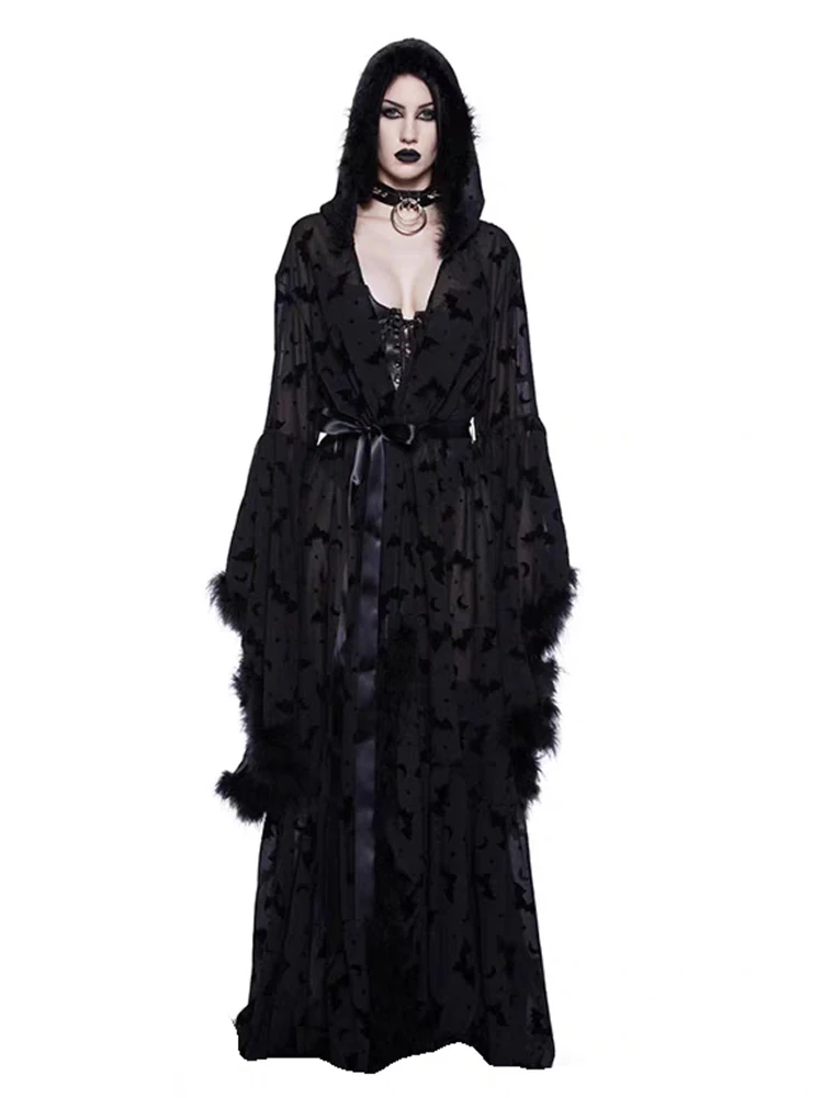 RORORIRI Dark Bat Print Sheer Hooded Long Dress Women Flare Sleeves Stitch Plush Solid Black Maxi Dress Gothic Halloween Clothes