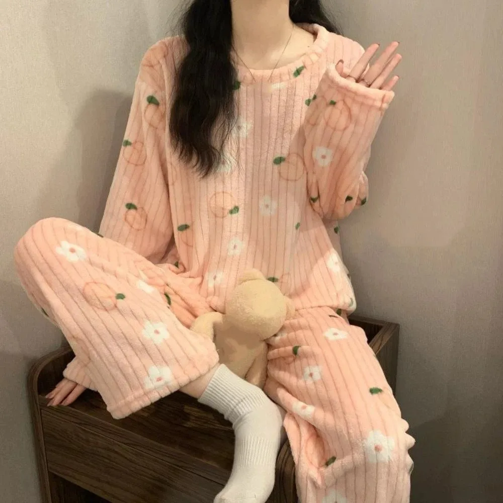 

Sweet Cute Bear Velvet Sleepwear Set Peach Long Sleeve Plush Pajama Suit Nightwear Flower Winter Thick Warm Pajamas Girl Gift