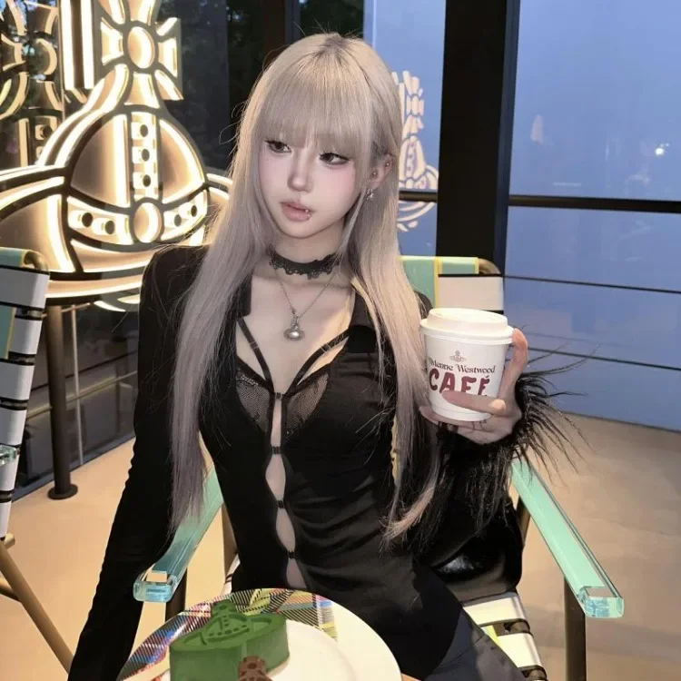 

Черные кружевные лоскутные топы с v-образным вырезом Mujer, сексуальная облегающая футболка с вырезами для женщин, осень 2021, новая футболка с длинным рукавом