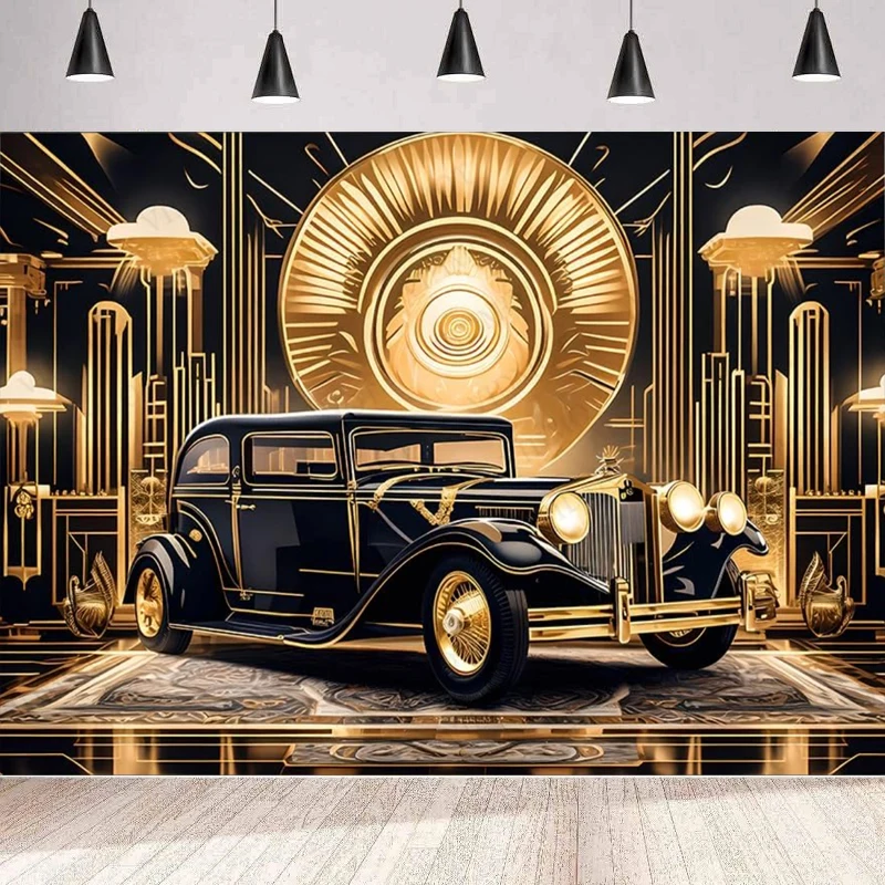 Roaring 20s Photography Backdrop Black Gold Retro Texture For 20's Prom Party Decor Photo Shoot 1920s Vintage Car Background