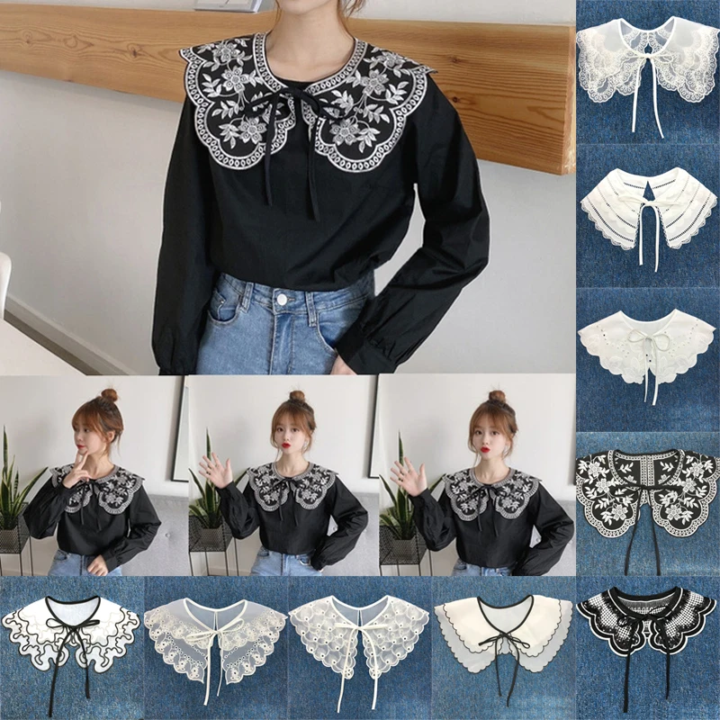 Women Detachable Lace Fake Collar Blouse Sweater Collar Embroidered Bow Clothes Shirt False Collar Accessories