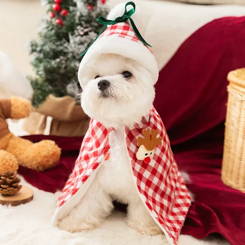 Winter Christmas Poncho Puppy Windbreaker New Year Cape Shawl Thickened Warm Yorkshire Pet Clothing Classic Plaid Dog Clothes XS