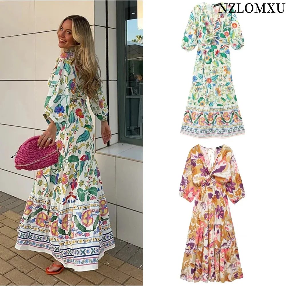 

Cut Out Print Long Dress Women Boho Knot Floral Midi Dress Summer Puff Sleeve Elegant Dresses Tied Ruched Holiday Dresses