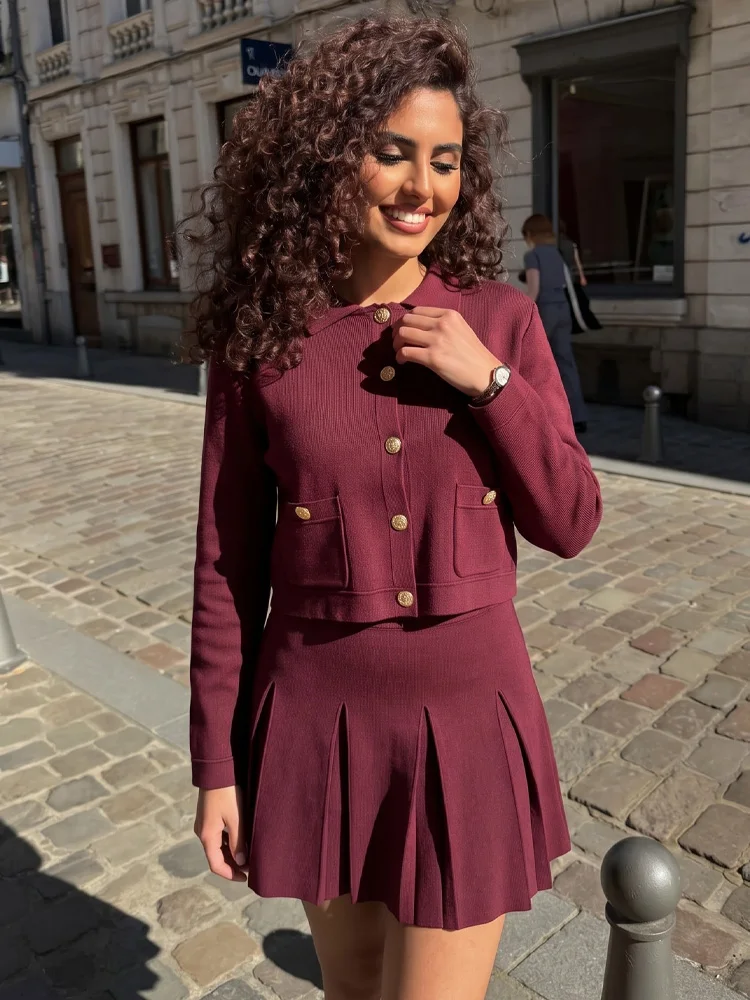 HH Women Fashion Single Breasted Sweater Tops Skirt Suit Lapel Double Pocket Slim Jacket Pleated Skirt Spring Elegant Streetwear