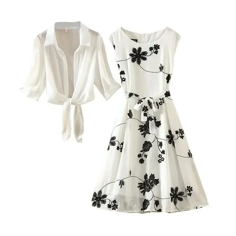 

New Elegant Suit Two-piece Dress High Waist Sleeveless Slim A-line Skirt Floral Embroidery White Top Bow Belt Vintage WOMEN