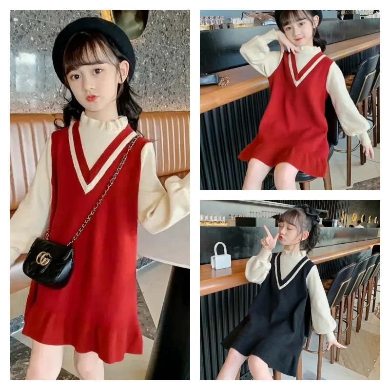 

Горячее кавайное модное платье для девочек, студенческое весенне-осеннее повседневное свитер с длинными рукавами и рисунком, пуловер, кукольная юбка, детская одежда