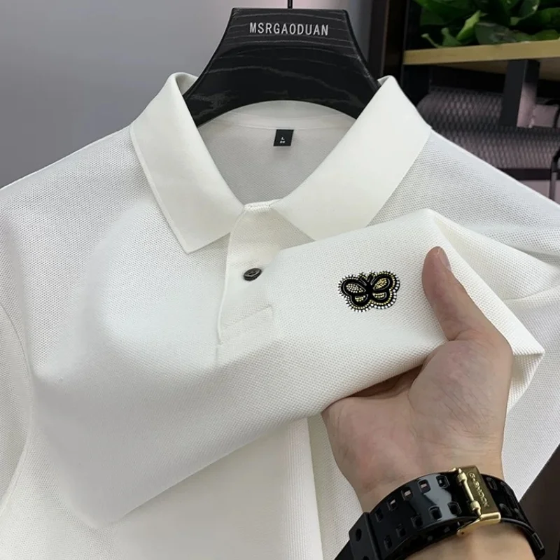 

Luxury fashion brand 100% cotton polo shirt long sleeve men's high-end comfort butterfly embossed T-shirt autumn new casual top