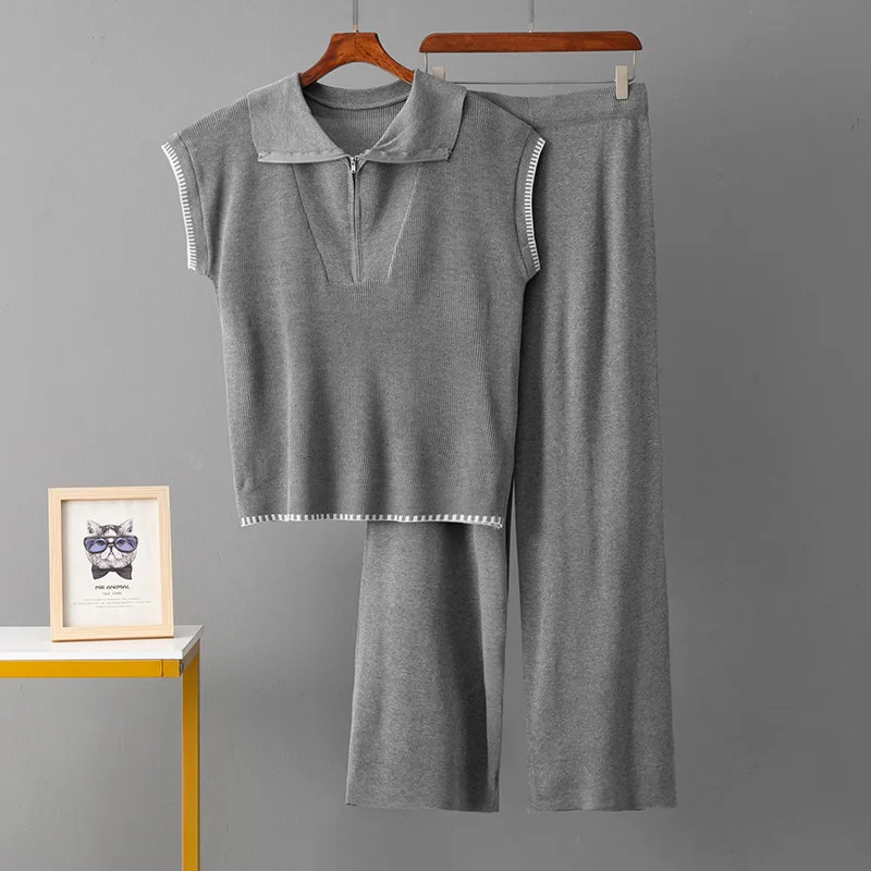 Conjuntos de 2 piezas de punto suelto para mujer, camisetas sin mangas de punto con cuello de solapa, Tops, conjuntos de pantalones rectos de cintura alta, novedad de verano