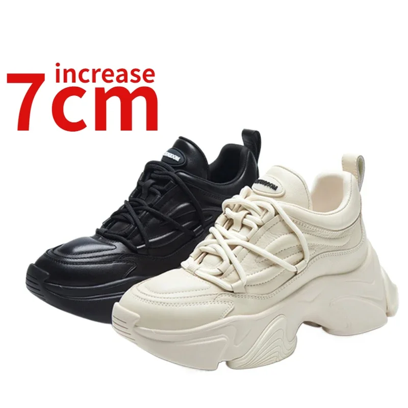 Genuine Leather Casual Shoes for Women Increased 7cm Spring New Thick Sole Versatile Comfortable/breathable Elevated Dad's Shoes