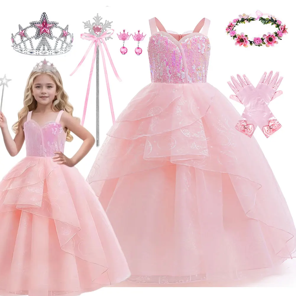 Exquisite Shimmering Pink Ball Gown Witch Costume Glinda Wicked Role Play Dress up Girls Carnival Birthday Party Costume 2-12Y