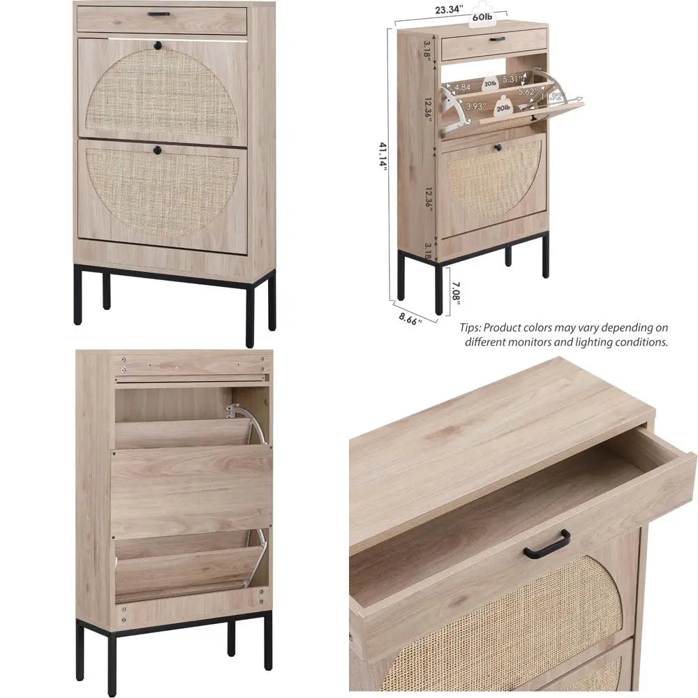Natural Semi-Circle Rattan Shoe Storage Organizer Cabinet with 2 Flip Drawers, Freestanding Shoe Rack for Efficient Storage