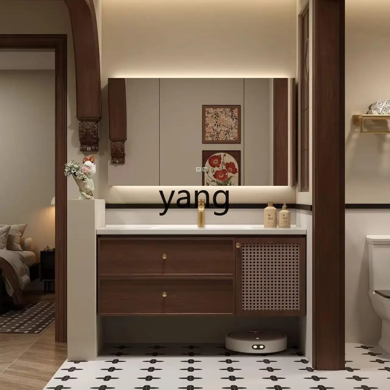 خزانة حمام LH من الخشب الصلب لغسل اليدين وحوض سيراميك متكامل من خشب الجوز