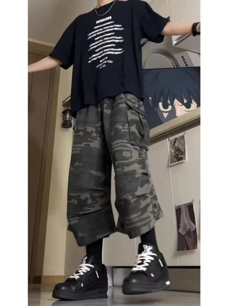 Japanese Retro Camouflage Workwear Shorts Men's Straight Wide Leg Pleated Cropped Cargo Pants Harajuku Functional Multi Pockets