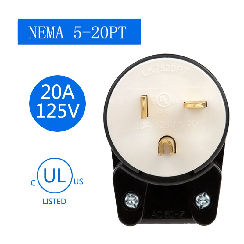 Elbow 90 degree NEMA 5-20P three-pin plug industrial outdoor 20A/125V high power power supply electrical assembly wiring male