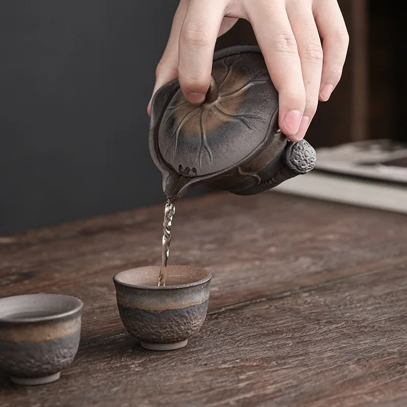 Lotus Leaf Hand-Held Pot Old Rock Mud Gilt Iron Glaze Kung Fu Tea Set Handmade Coarse Pottery Teapot Tea Bowl Ceramic Gaiwan
