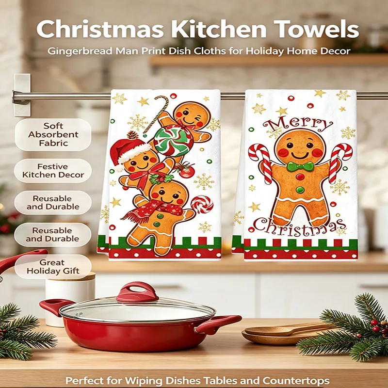 2 Pack Christmas Gingerbread Man Kitchen Towels, Absorbent Microfiber Dish Cloths, Farmhouse Xmas Decor Housewarming Gift