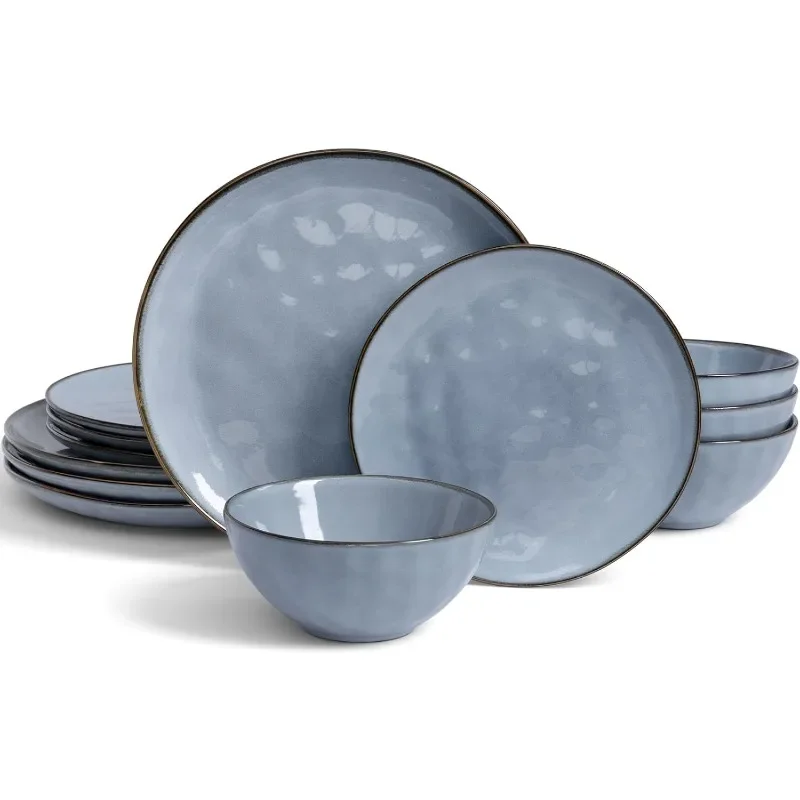 Ocean Round 12-Piece Kitchen Plates and Bowls Sets, Reactive Glaze, Microwave and Dishwasher Safe, Scratch Resistant,