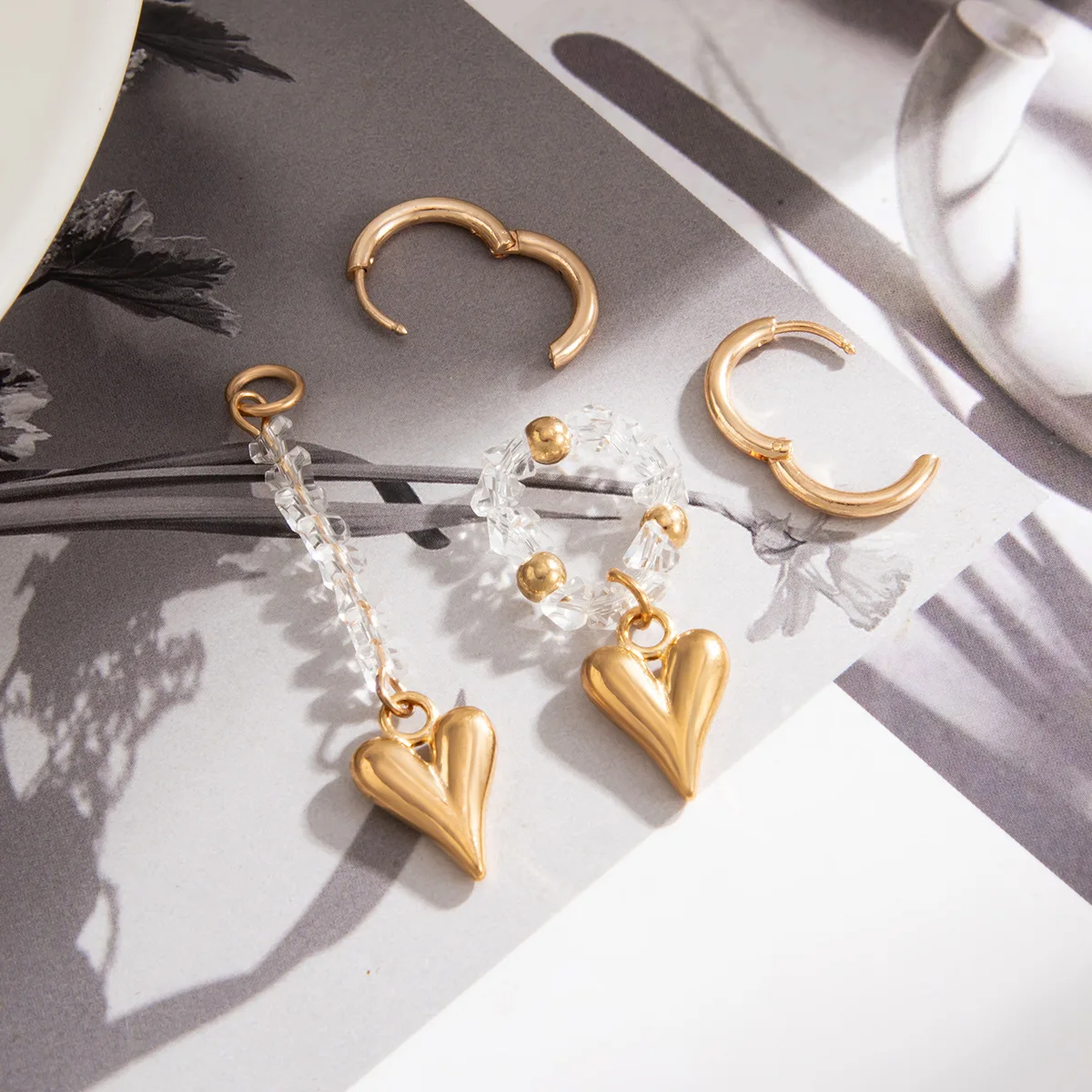 

Punk Peach Heart Cold and Stylish Tassel Texture Long Star Asymmetry Earrings for Women Geometric Ear Buckle Trendy Jewelry Gift