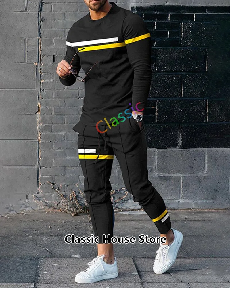 Men\'s Stripe Tracksuit Sets Casual Long Sleeve T-Shirt Trousers Set 2 Pieces Fashion Joging Suit Oversize Male Clothing Outfit