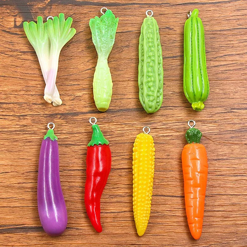 50pcs Fun Simulation Vegetable Resin Accessory Charm Pendant Eggplant Carrot Corn Chili Bitter Melon Food Play Jewelry Making