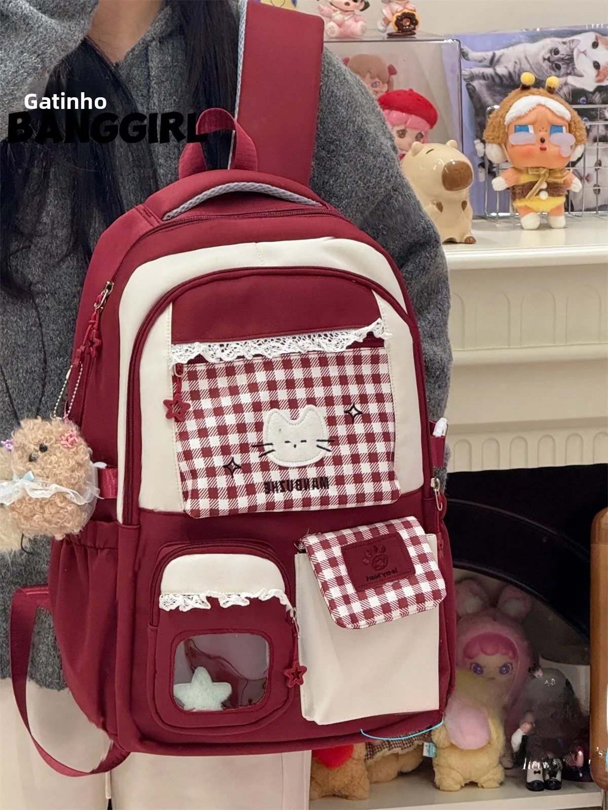 かわいい軽量和風リュックサック-女の子用-小学生・高校生用-多収納ポケット付きショルダーバッグ