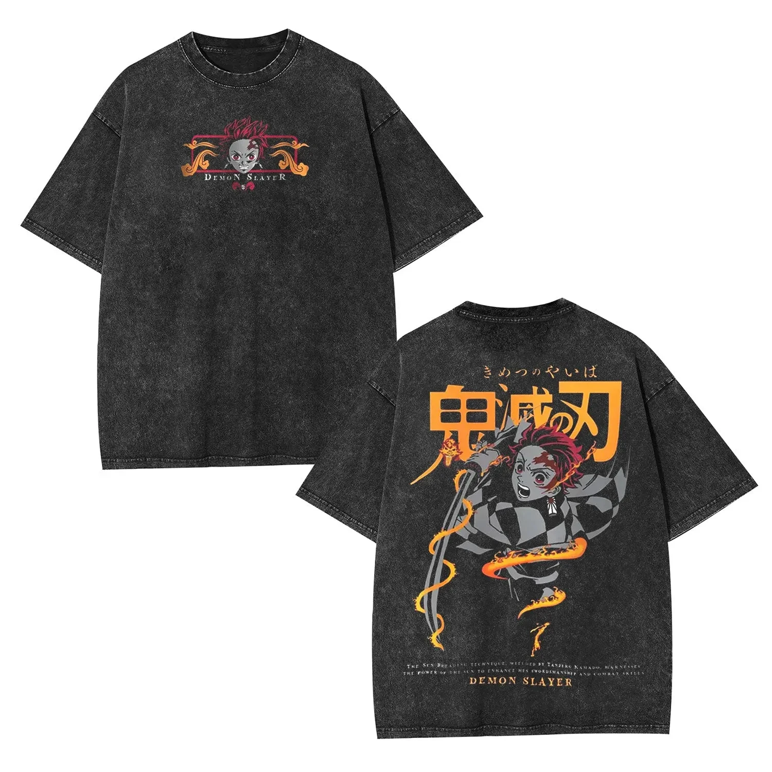 

Demon Slayer Tanjiro Kamado Hinokami Kagura Flame Blade Acid Wash Oversized Black T-Shirt 2026 Summer Streetwear Graphic Tee
