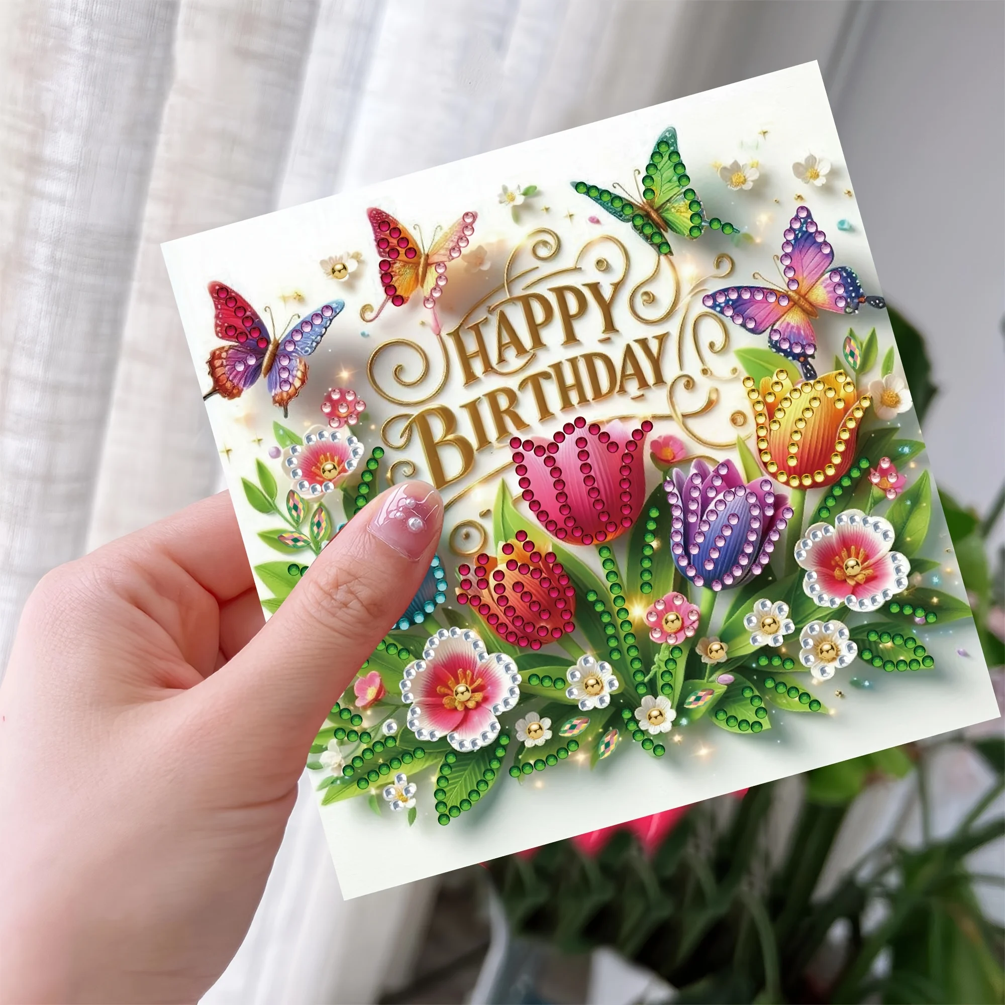 6-piece DIY Diamond Painting Birthday Card Set, featuring unique flower, butterfly, and pattern designs, with rhinestone diamond view 4