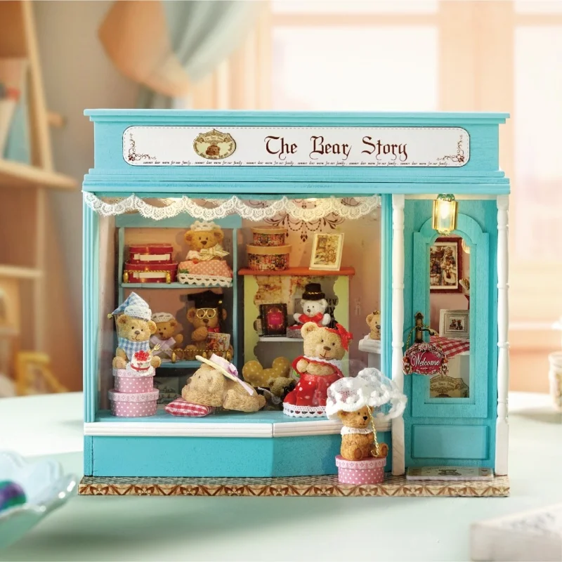 OUZEY Storybook Candy Cottage DIY, ร้านขนมหมีน้อย 3 มิติ ทำจากไม้, ของขวัญสุดน่ารักสำหรับวัยรุ่น