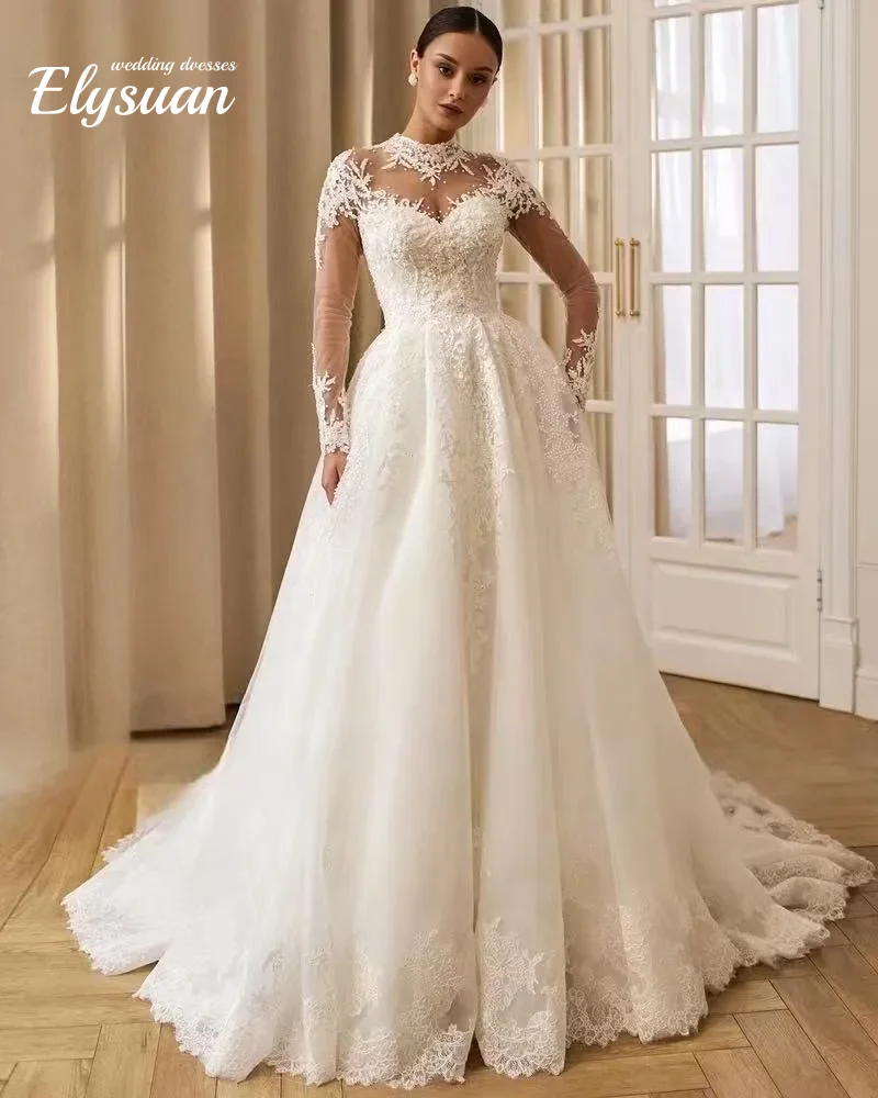 Maßgeschneiderte wunderschöne High Neck Perlen Perlen Brautkleider A-Linie Applikationen Spitze Langarm Brautkleid Vestidos de Novia